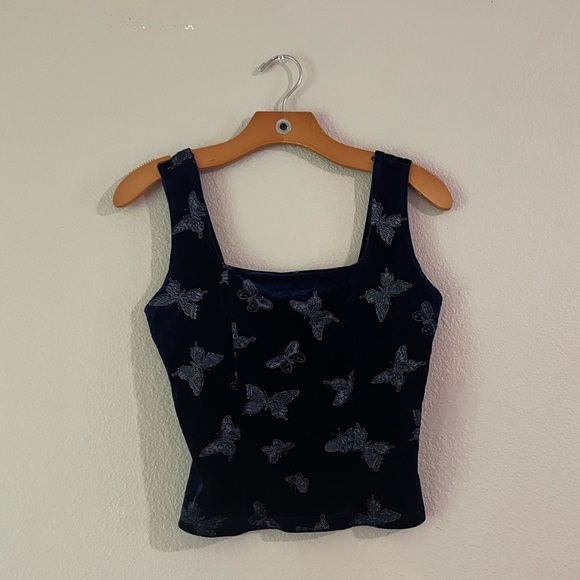Finesse Tops - Finesse Navy Velvet Butterfly Tank